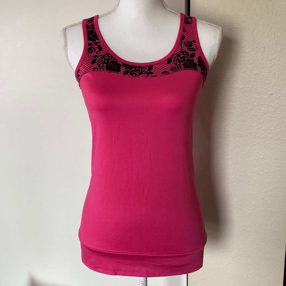 RYKA Pink Lace Print Athletic Workout Racerback Keyhole Tank